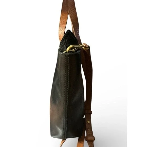 Madewell Black Tan Leather Zip Top Transit Tote Crossbody Top Handle Bag - Picture 3 of 10